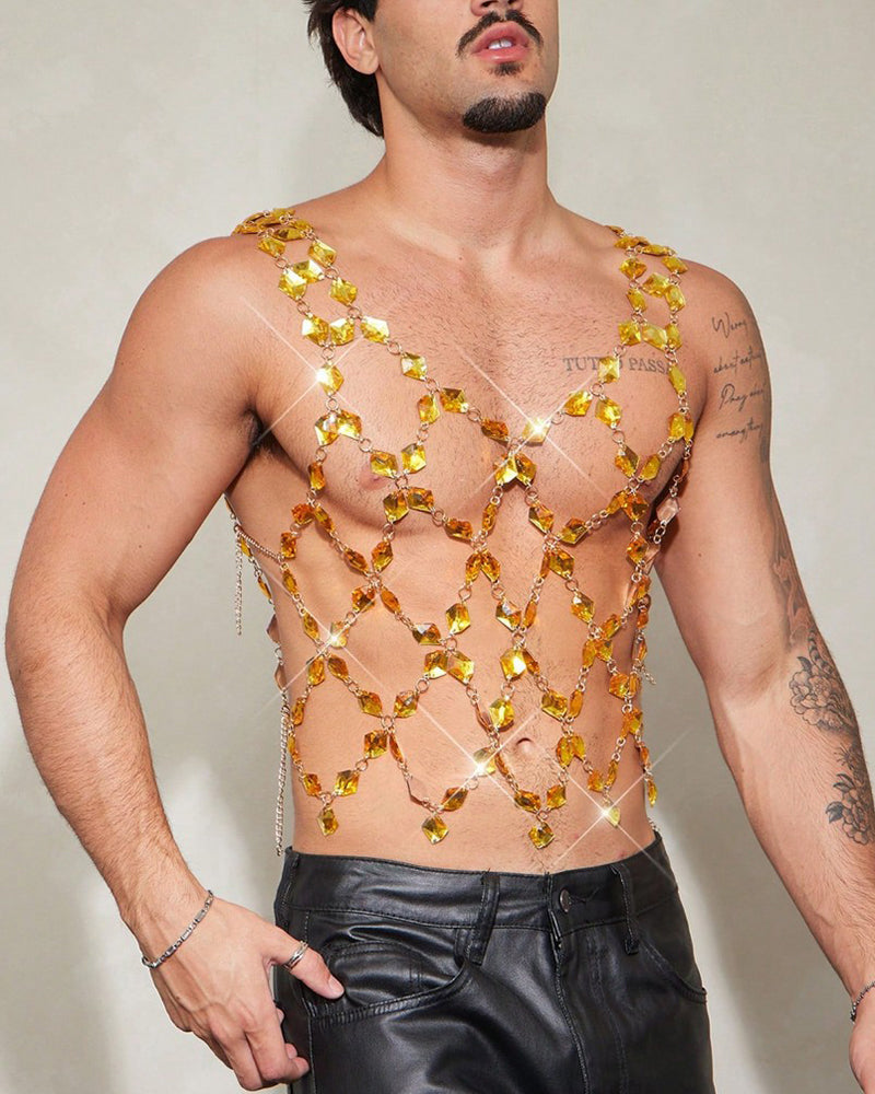 Men's gold crystal chain body harness top with V-style link rows at torso