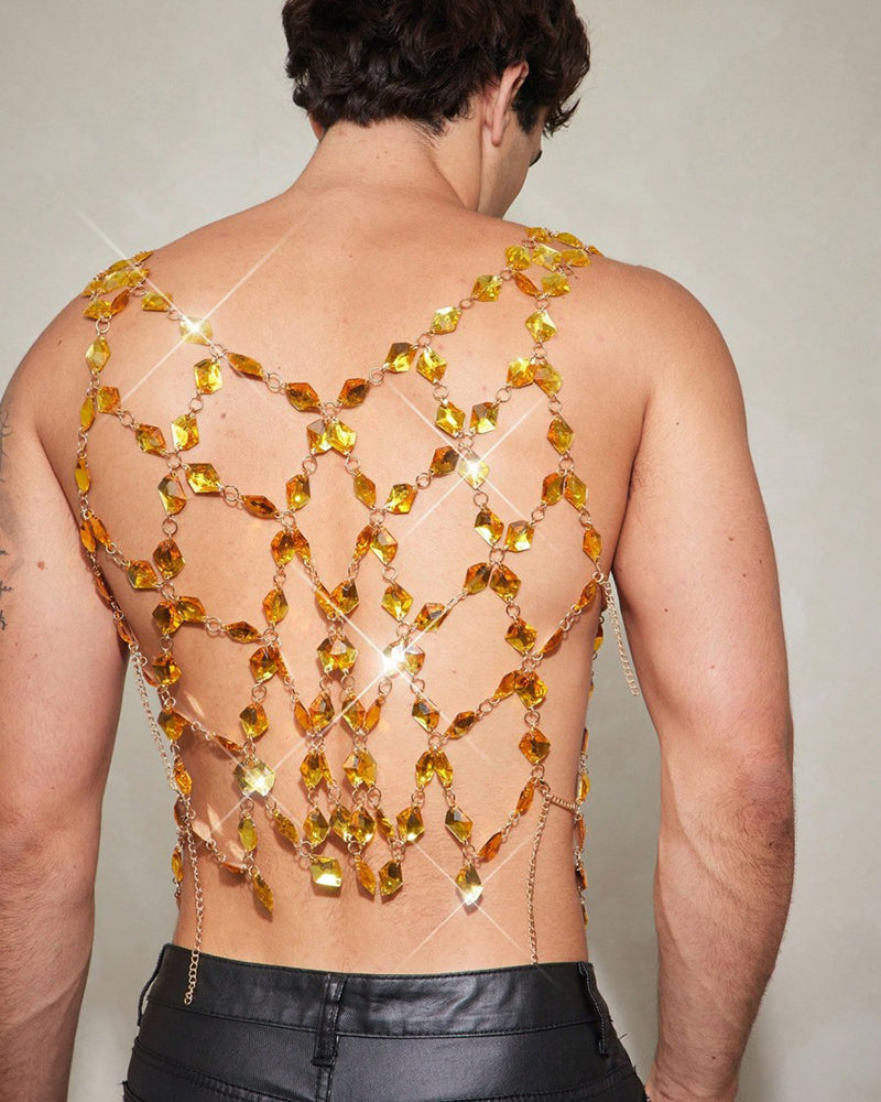 Gold crystal gem chain body harness top, back view with crisscross straps