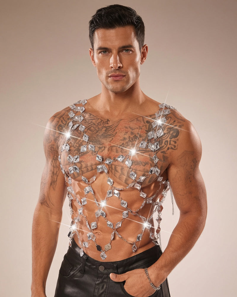 Men's silver crystal chain body harness top with diamond-like link straps