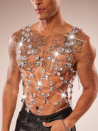 Men's silver crystal chain body harness top with crisscross chest links