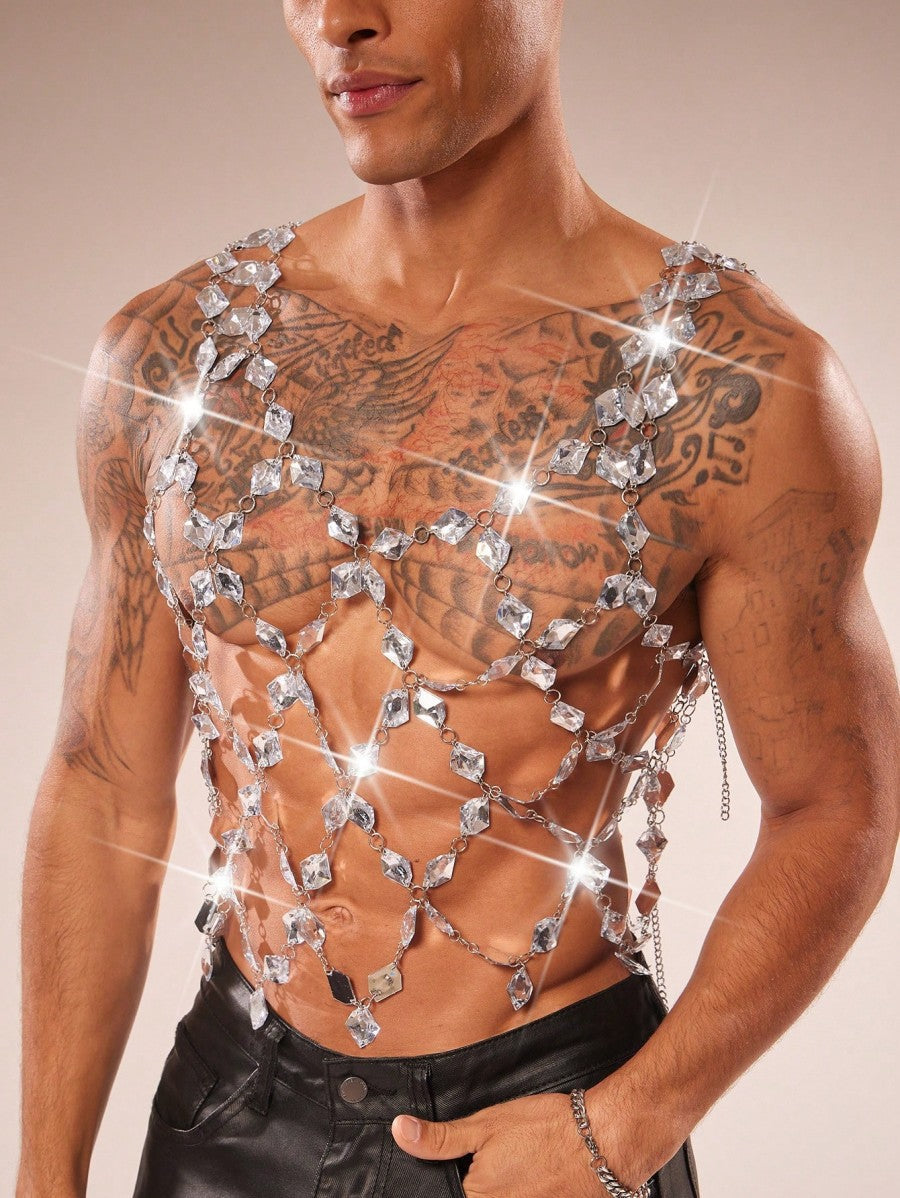Men's silver crystal chain body harness top with crisscross chest links