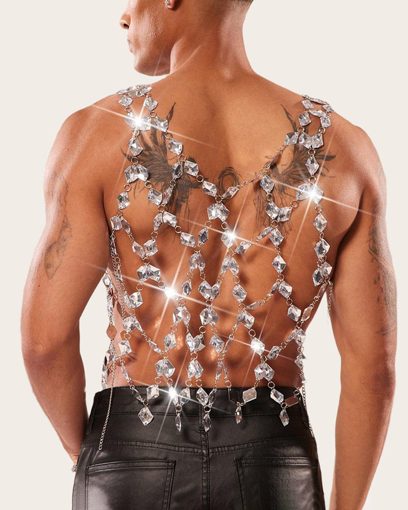 Men's silver crystal chain body harness top, open back with dangling link rows