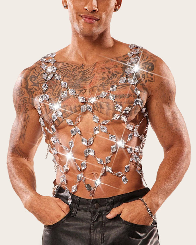 Men's silver crystal chain body harness top with V-style chest link pattern