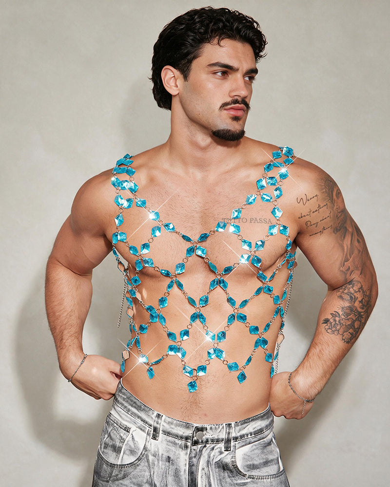 Men's blue crystal chain body harness top with diamond-like teal link straps