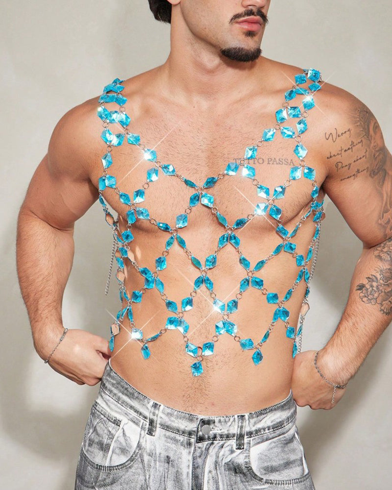 Men's blue crystal chain body harness top with crisscross chest and side chains