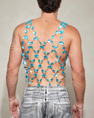 Men's blue crystal chain body harness top, open back with hanging link rows