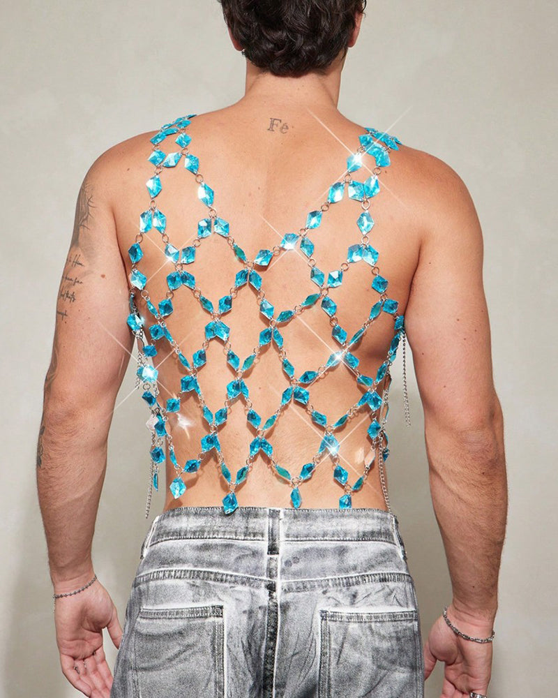 Men's blue crystal chain body harness top, open back with hanging link rows