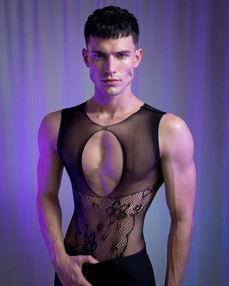 Black mesh bodysuit with oval chest cutout and lace back panel detail