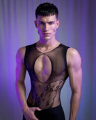 Black mesh bodysuit with oval chest cutout and lace back panel detail