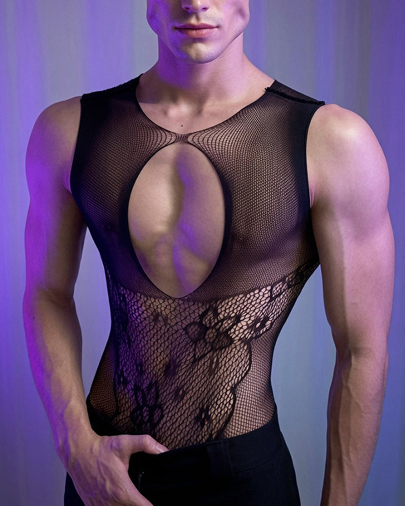 Black mesh sleeveless bodysuit with oval chest cutout and lace front hem