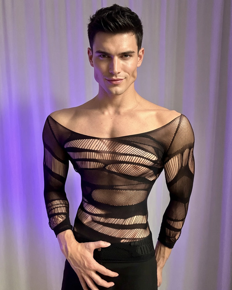 Black long-sleeve mesh bodysuit with striped cutout band pattern at torso