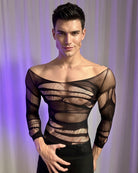 Black long-sleeve mesh bodysuit with striped cutout band pattern at torso