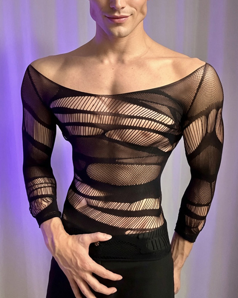 Black long-sleeve mesh bodysuit with wide horizontal cutout bands across chest
