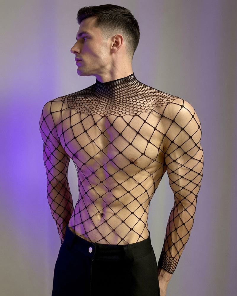 Black fishnet long-sleeve bodysuit with diamond grid texture and high back