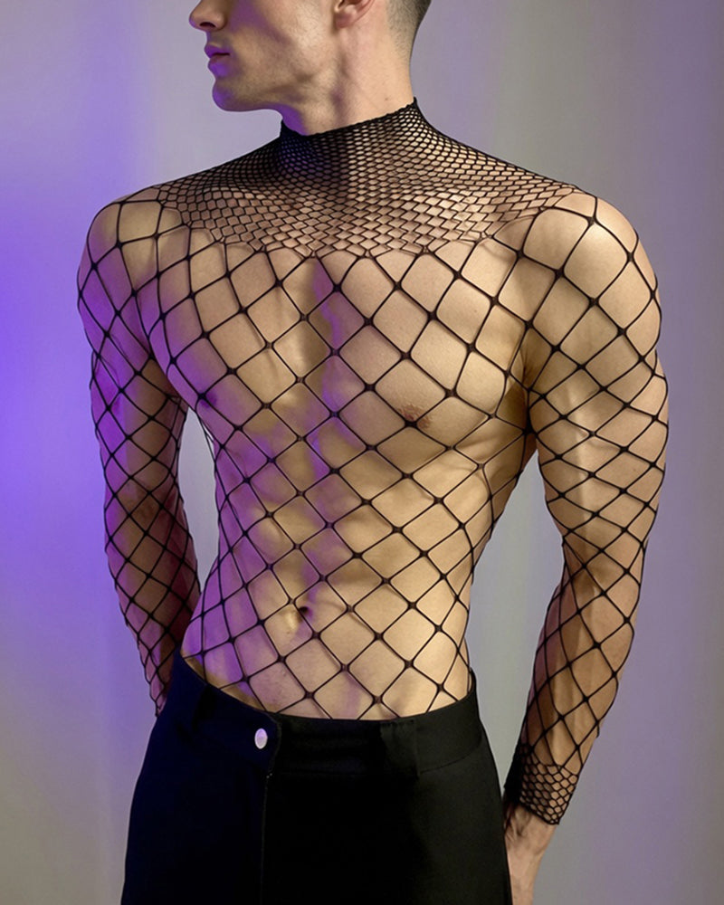 Black fishnet long-sleeve bodysuit side view with diamond grid texture