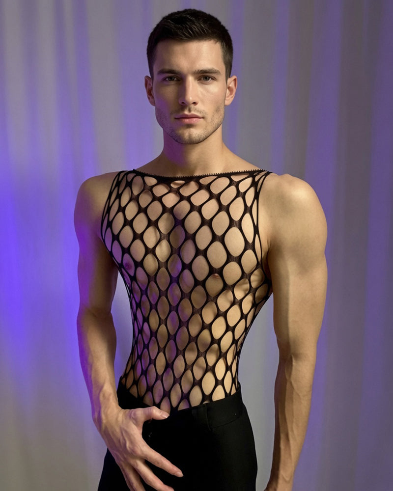 Black fishnet sleeveless bodysuit with high neckline and diamond grid texture
