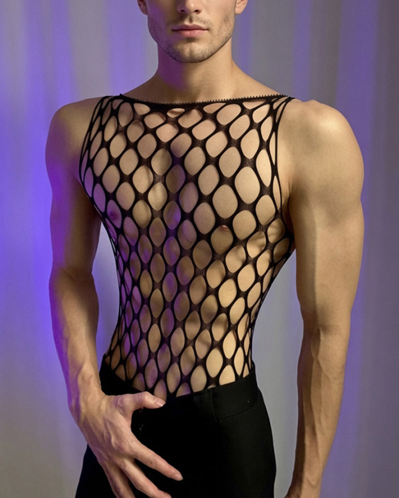 Black fishnet sleeveless bodysuit with high neckline and diamond grid front
