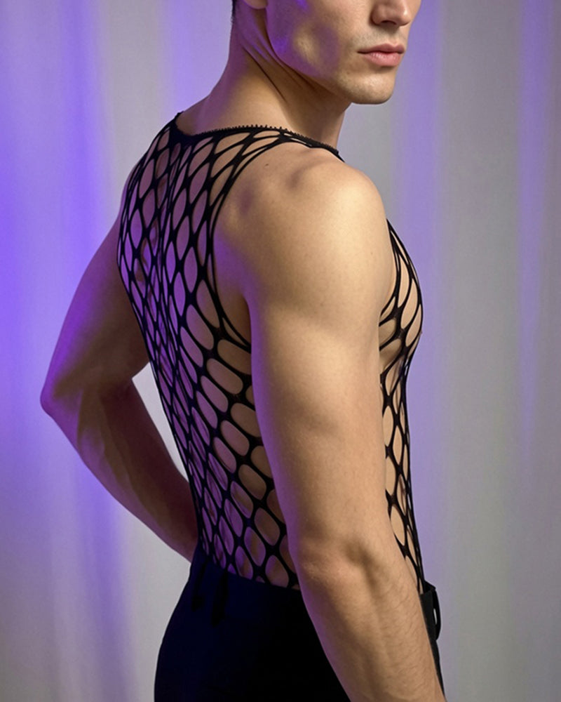 Black mesh sleeveless bodysuit side view with diamond fishnet panels