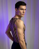 Black fishnet sleeveless bodysuit side view with open diamond grid back