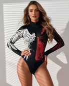 Black long-sleeve zip-front bodysuit with white angel wing and red print