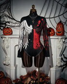 Black long-sleeve zip-front bodysuit with angel wing and red print on a mannequin