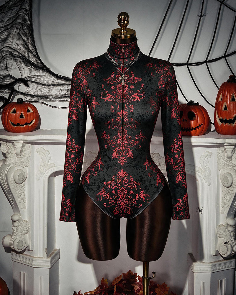 Black and red baroque floral print long-sleeve zip front bodysuit on mannequin