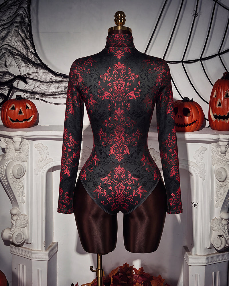 Black and red baroque floral print long-sleeve zip front bodysuit, back on mannequin
