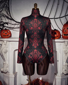Black and red baroque floral print long-sleeve zip front bodysuit, back on mannequin