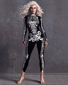 Skeleton tattoo print catsuit, long-sleeve high neck, black with white bones graphic