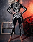 Skeleton tattoo print catsuit, long sleeves and high neck, black with white ribcage design