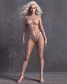 Skeleton tattoo print catsuit, long-sleeve high neck, nude with white bone graphic