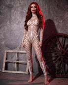 Skeleton tattoo print catsuit, long-sleeve high neck, nude with white skeletal lines