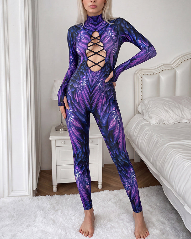 Front-view purple feather-print catsuit with long sleeves and lace-up cutout