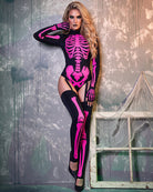 Neon pink skeleton print bodysuit set with stockings and gloves, long sleeves