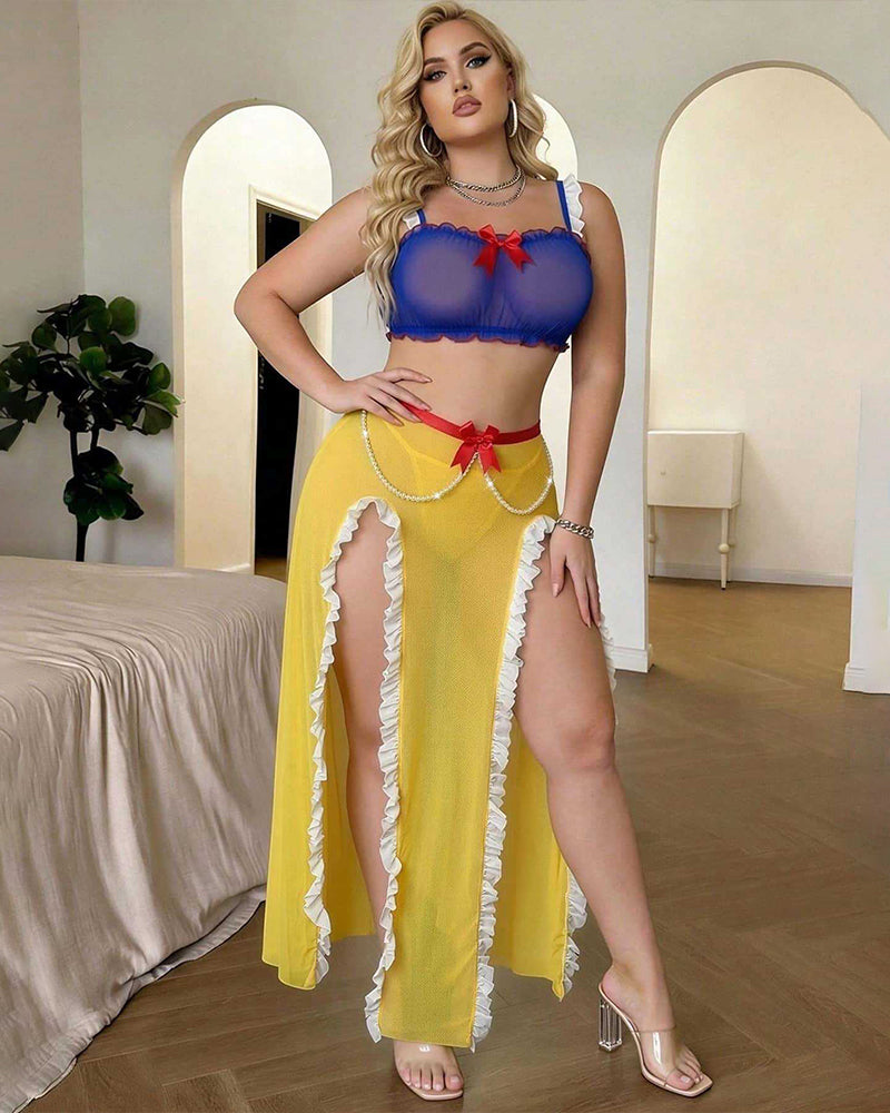 Blue sheer mesh bralette with red bow, paired with yellow maxi skirt and white lace trim