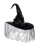 Black witch hat with satin texture and sheer spiderweb veil