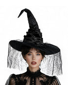Black witch hat with wide brim and spiderweb veil worn by model