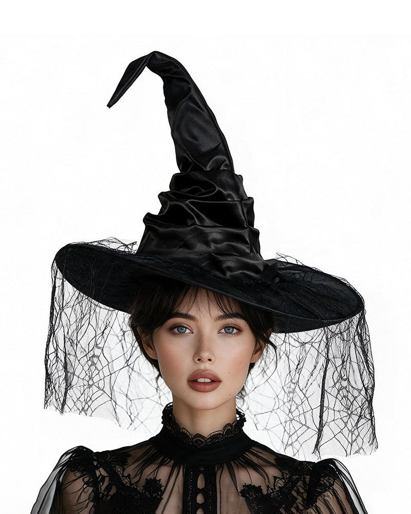 Black witch hat with wide brim and spiderweb veil worn by model