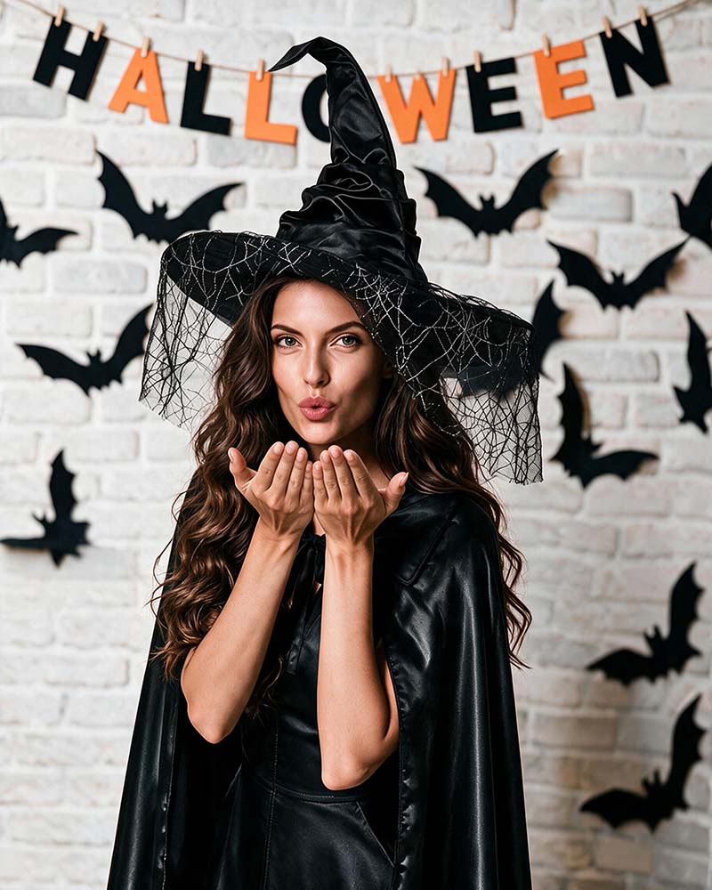 Black witch hat with spiderweb veil, wide brim and pointed crown on model