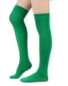Pair of over-the-knee socks in green with ribbed cuff and smooth leg