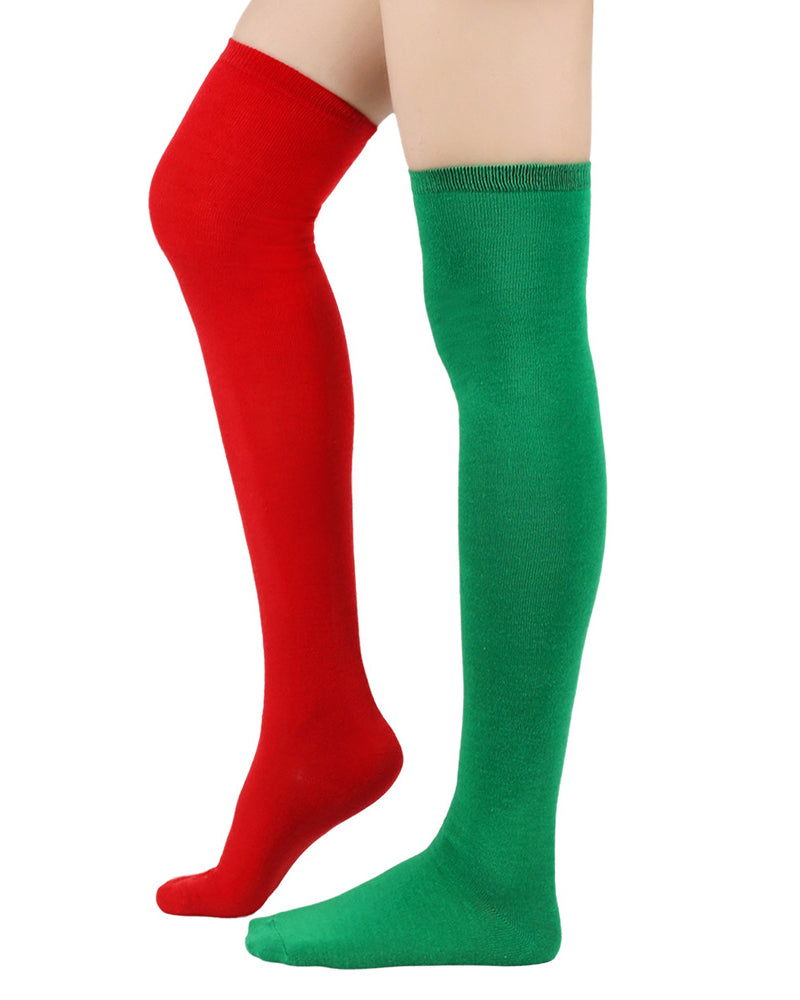Pair of over-the-knee socks, red and green set with ribbed cuffs