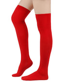 Pair of over-the-knee socks in red with ribbed cuff and smooth leg
