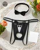 Black bow-collar open pouch G-string thong set with bow tie and long straps
