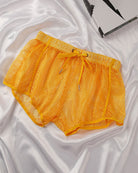 Yellow open mesh drawstring shorts with elastic waistband and matching drawstring.