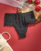 Plus size high-waist lace panties, black with criss-cross front detail.