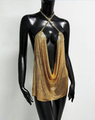 Gold metallic chain halter mini dress with crossed straps and deep V front