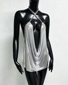 Silver metallic chain halter mini dress with crossed straps and deep V front