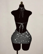 Black rhinestone fishnet halter backless mini dress, open back with tied straps