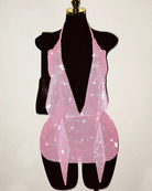 Pink rhinestone fishnet halter backless mini dress with sparkly deep V front