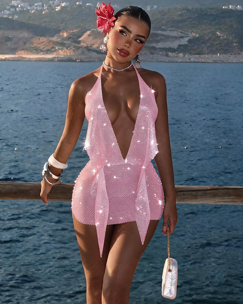 Pink rhinestone fishnet halter backless mini dress with sparkling deep V front